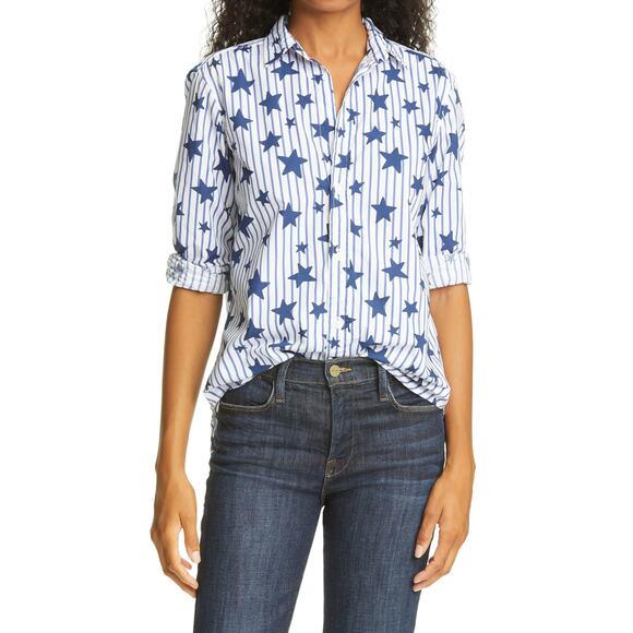 Frank & Eileen Frank Stars Stripes Superfine Poplin Button up Top Blue White XS - Picture 2 of 10